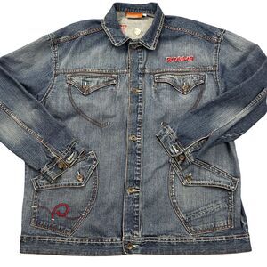 Rocawear Denim Jean Jacket Mens 3XL Hip Hop Blue Baggy Vintage Y2K Trucker